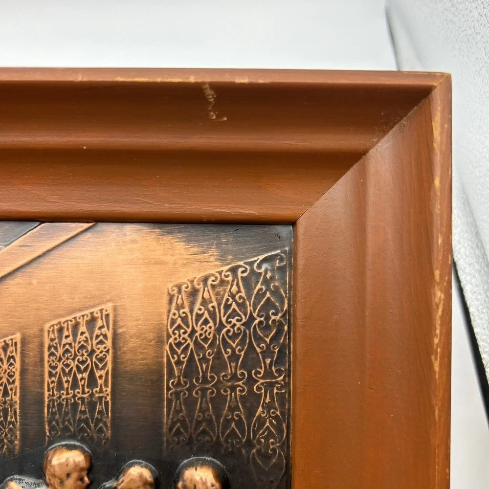 Vintage Copper Relief The Last Supper 3D Metal‎ Wall Art Plaque Framed Religious